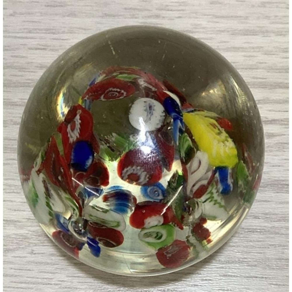 Art Deco Glass Paperweight 3x2.5" Millefiori Style Multicolor Flower *Chip*